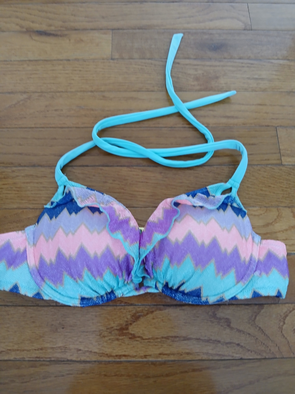 Victoria's Secret Chevron Ruffle Halter Bikini Top in Aqua, Pink & Purple